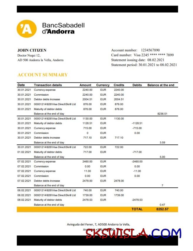 Andorra BancSabadell d' Andorra wyciąg bankowy w Excelu i PDF, całkowicie edytowalny